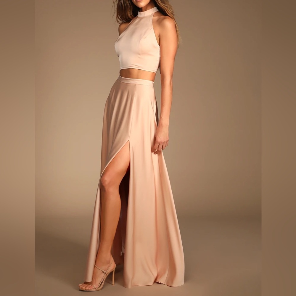 Strut and Stun Champagne Satin Halter Two-Piece Maxi Dress